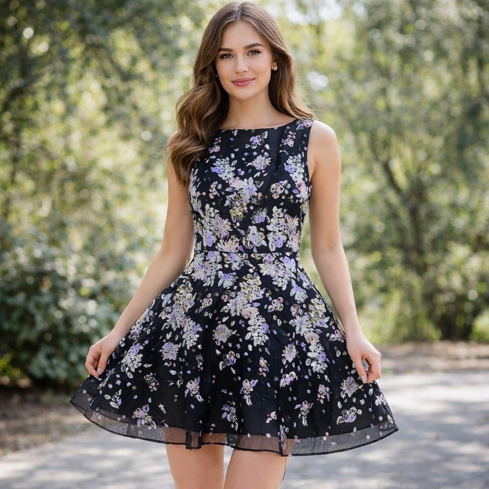 Marchesa Floral Jacquard Cocktail Dress Black Metallic Fit and Flare Mini Sz 6